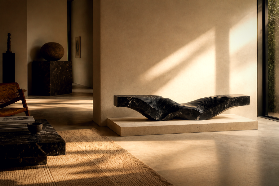 Scheat — Nero Marquina marble on travertine sculpture by 1-OPH