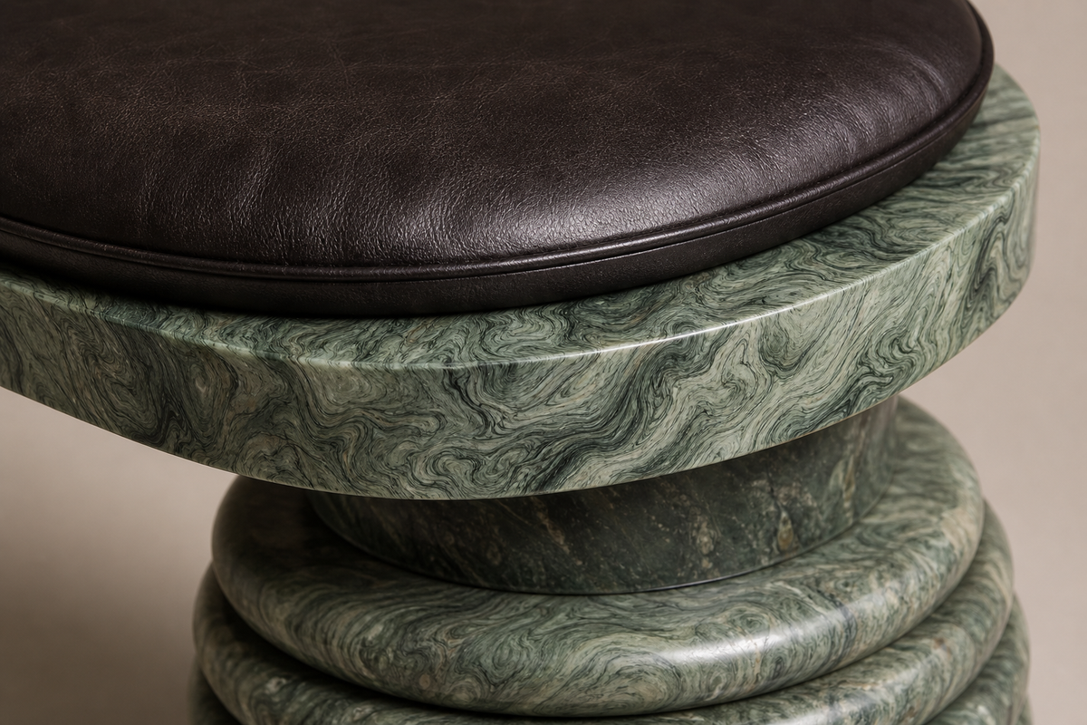 Sedara stone sculptural bench, close studio detail of the surface and material