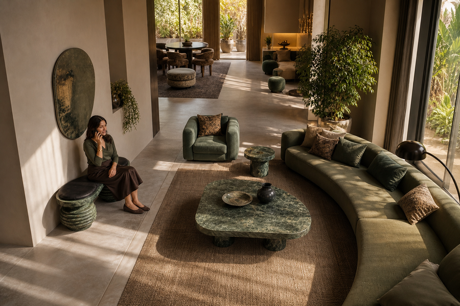 Sedara stone sculptural bench, overhead view in a room setting