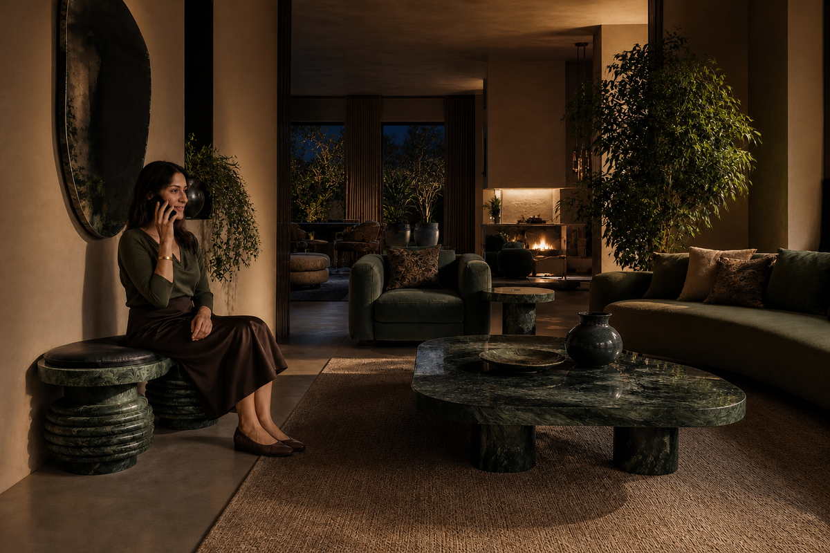 Sedara stone sculptural bench, in a room setting under evening light