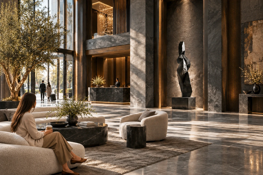 SENTINEL stone sculpture, shown in a room setting, at full scale