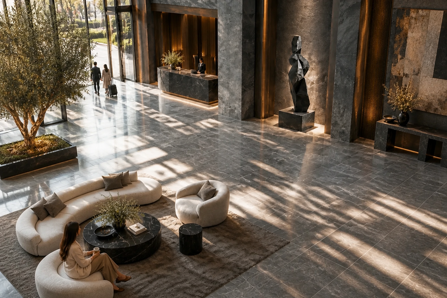 SENTINEL stone sculpture, overhead view in a room setting