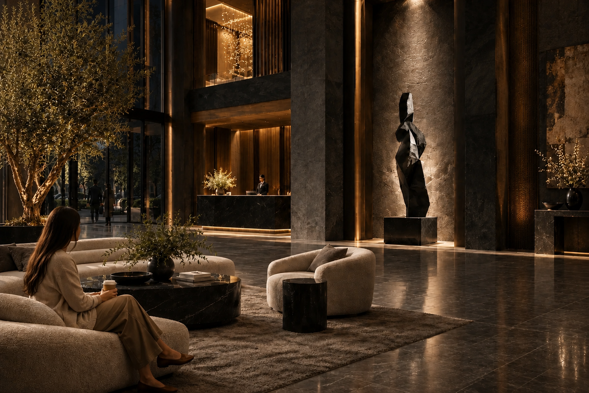 SENTINEL stone sculpture, in a room setting under evening light