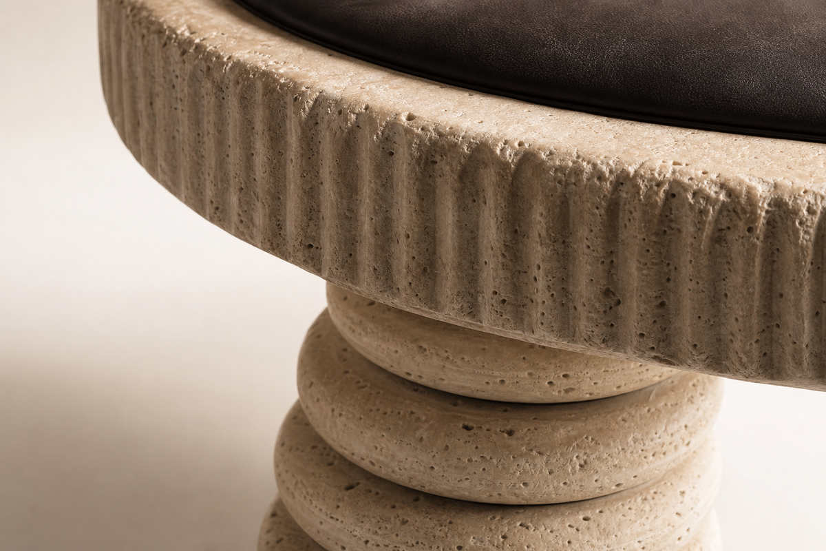 Sereda travertine sculptural bench, close studio detail of the surface and material