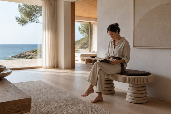 Sereda, a travertine sculptural bench by the sea in daylight
