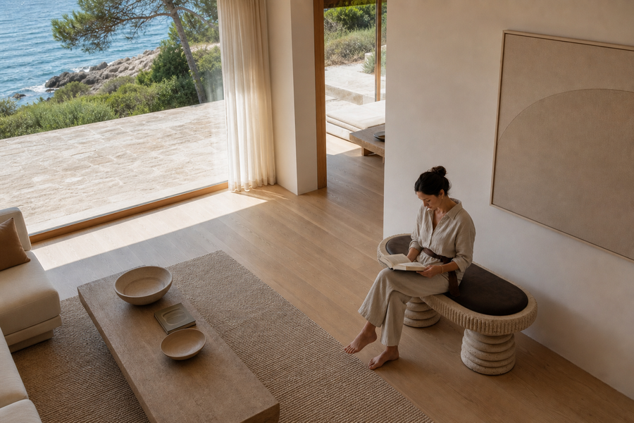 Sereda travertine sculptural bench, overhead view in a room setting