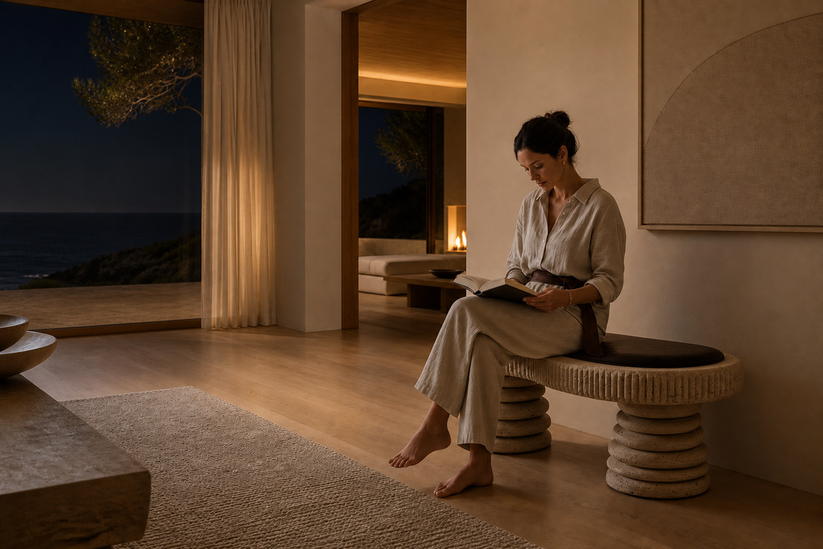 Sereda travertine sculptural bench, in a room setting under evening light