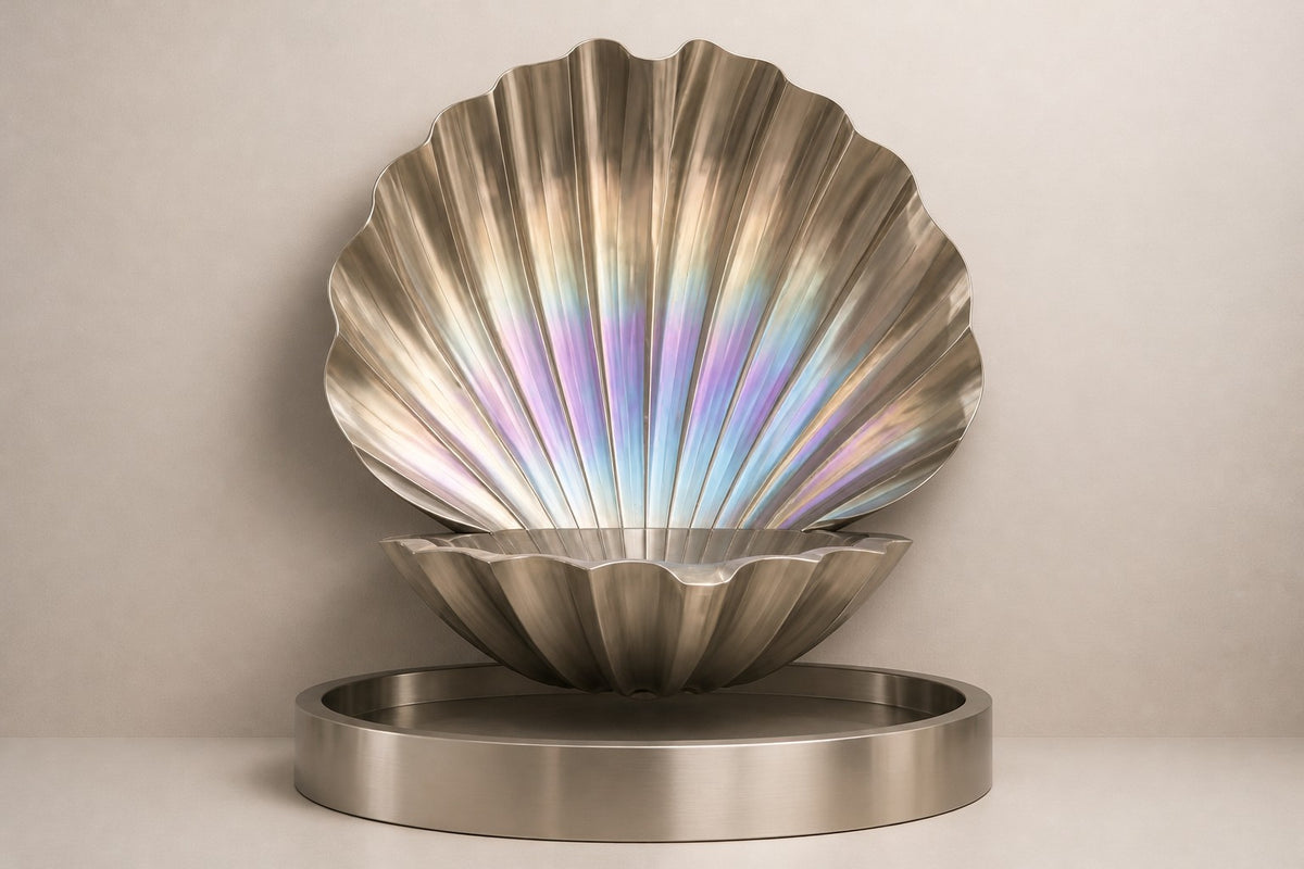 Serein — iridescent scallop wall fountain, studio front view