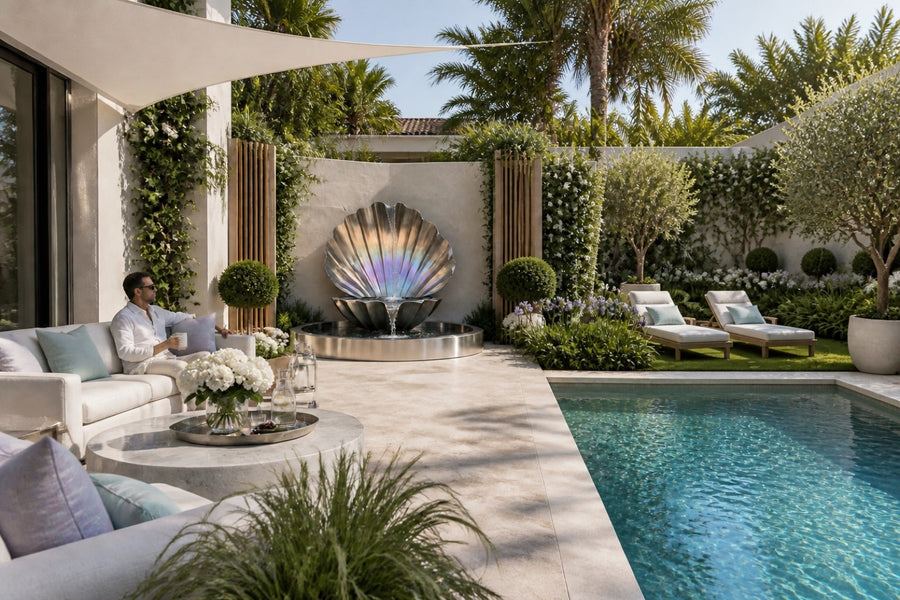Serein — iridescent scallop wall fountain, installed on the wall in a furnished setting