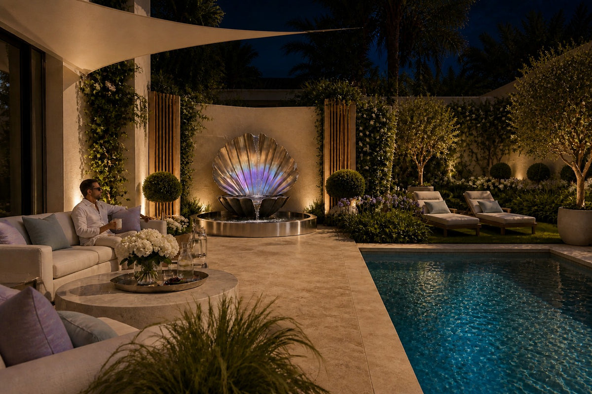 Serein — iridescent scallop wall fountain, the same setting at night, water lit