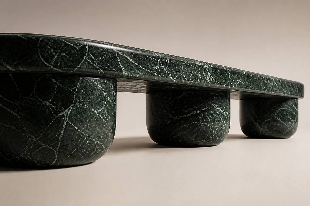 Serena 180 marble sculptural bench, three-quarter studio view showing its profile