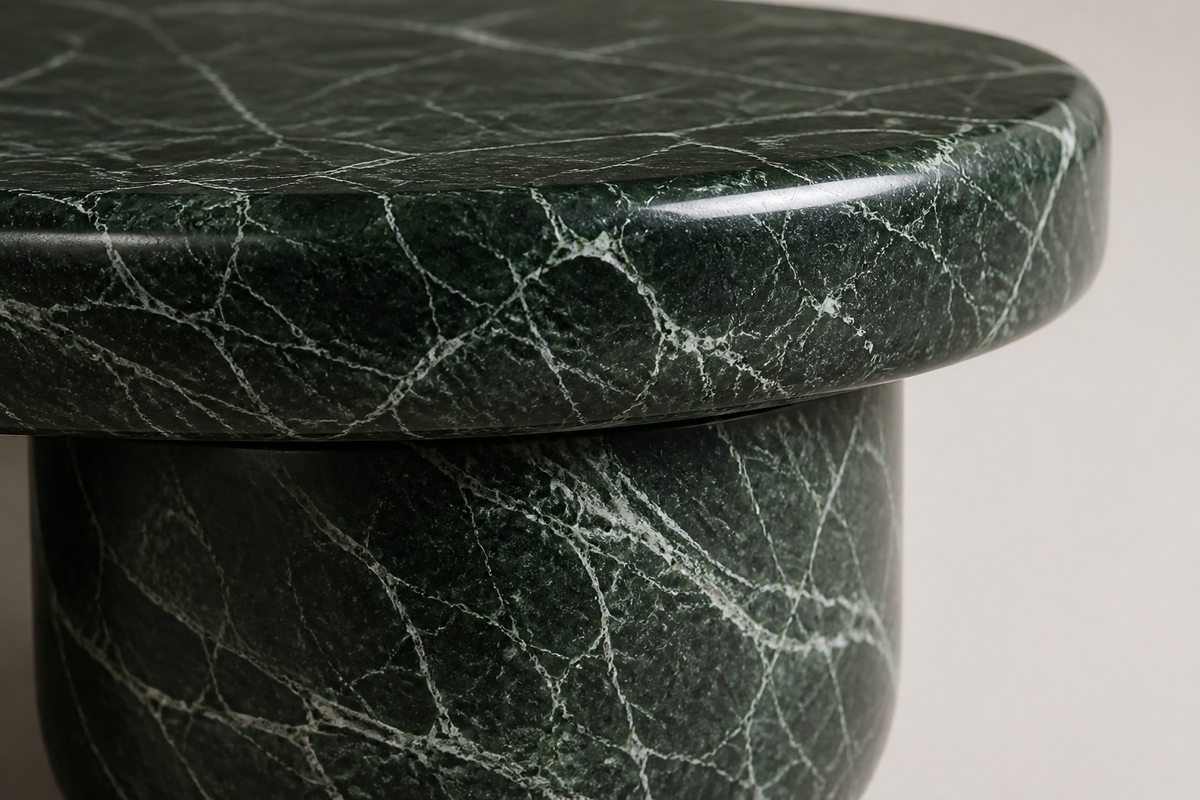 Serena 180 marble sculptural bench, close studio detail of the surface and material