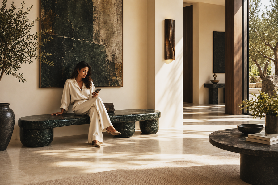 Serena 180 marble sculptural bench, shown in a room setting, at full scale