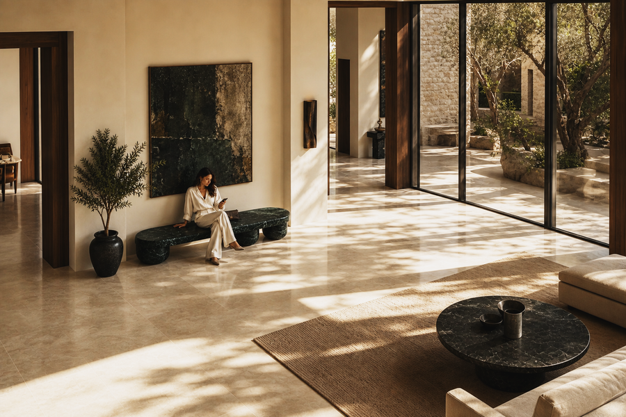 Serena 180 marble sculptural bench, overhead view in a room setting