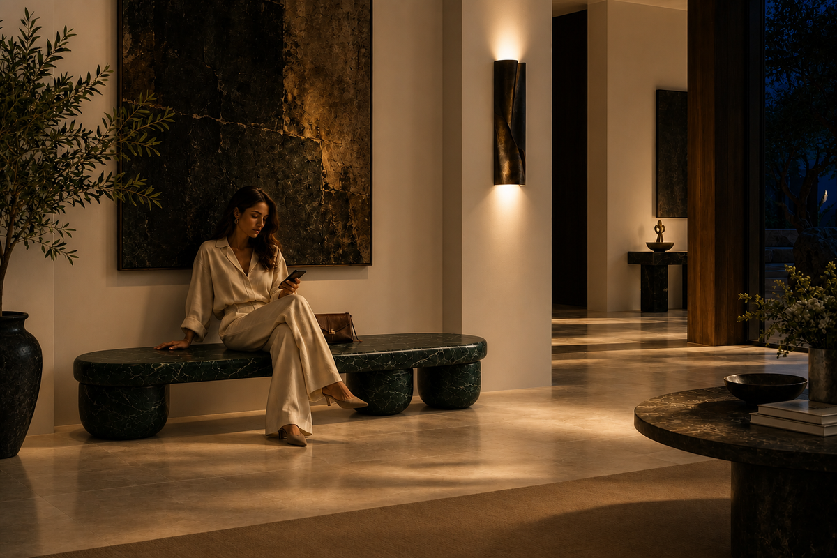 Serena 180 marble sculptural bench, in a room setting under evening light