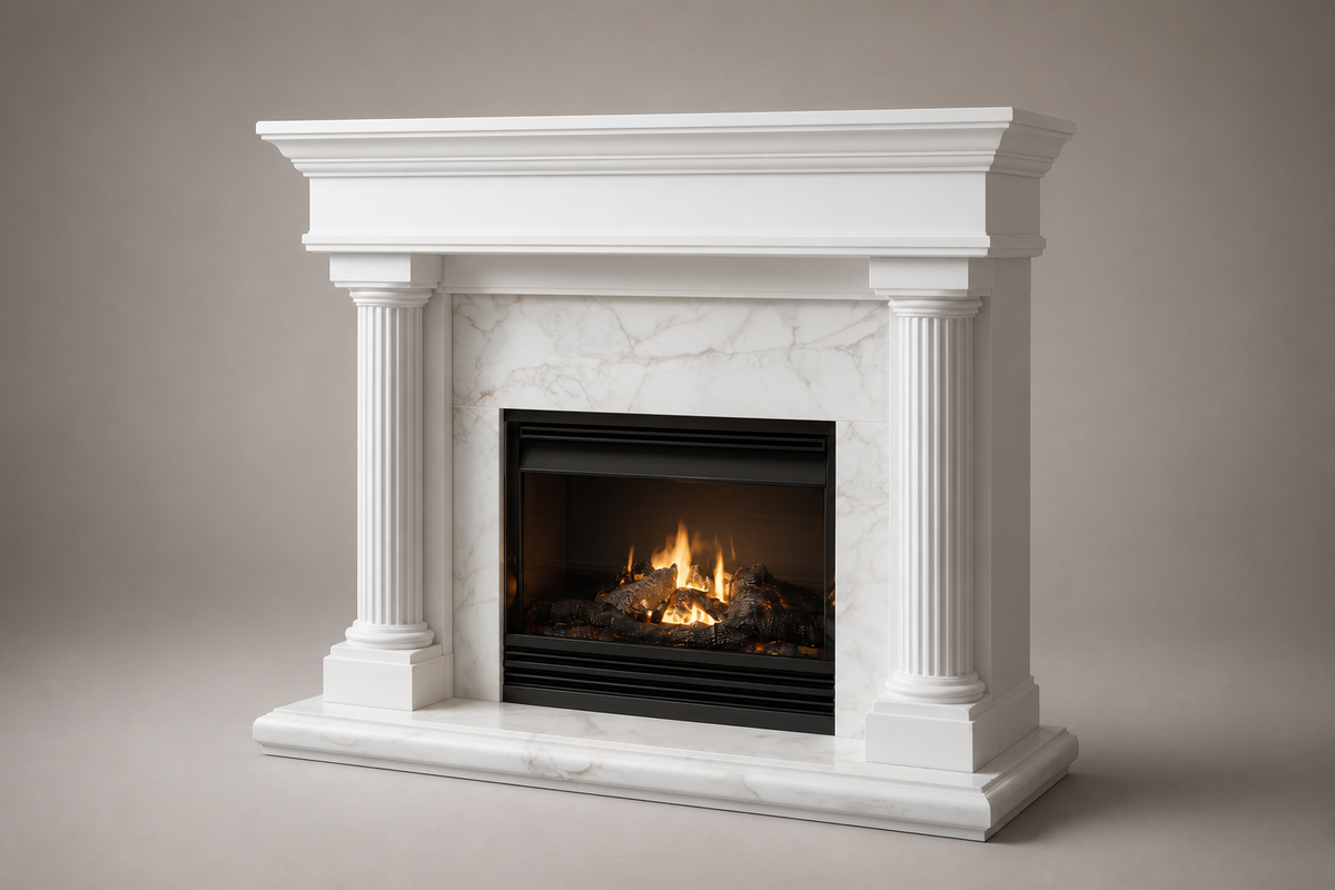 Sereno fireplace, studio view of the whole piece