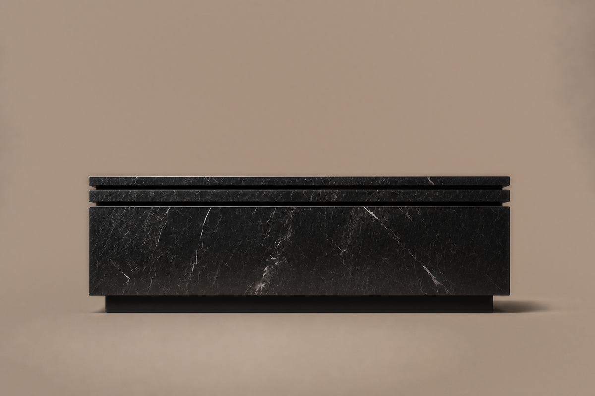 Shadow-Gap Base Deep black marble plinth base by 1-OPH, side elevation