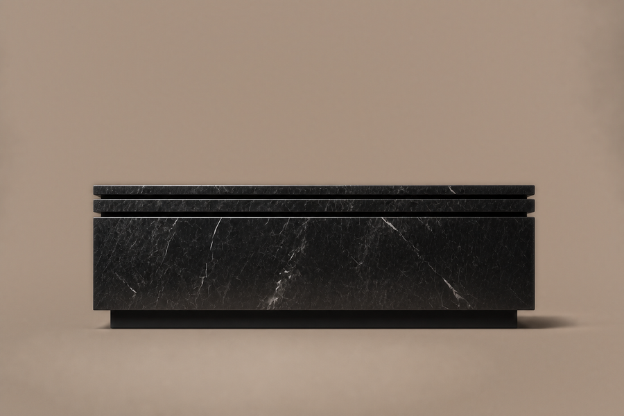 Shadow-Gap Base Deep black marble plinth base by 1-OPH, side elevation