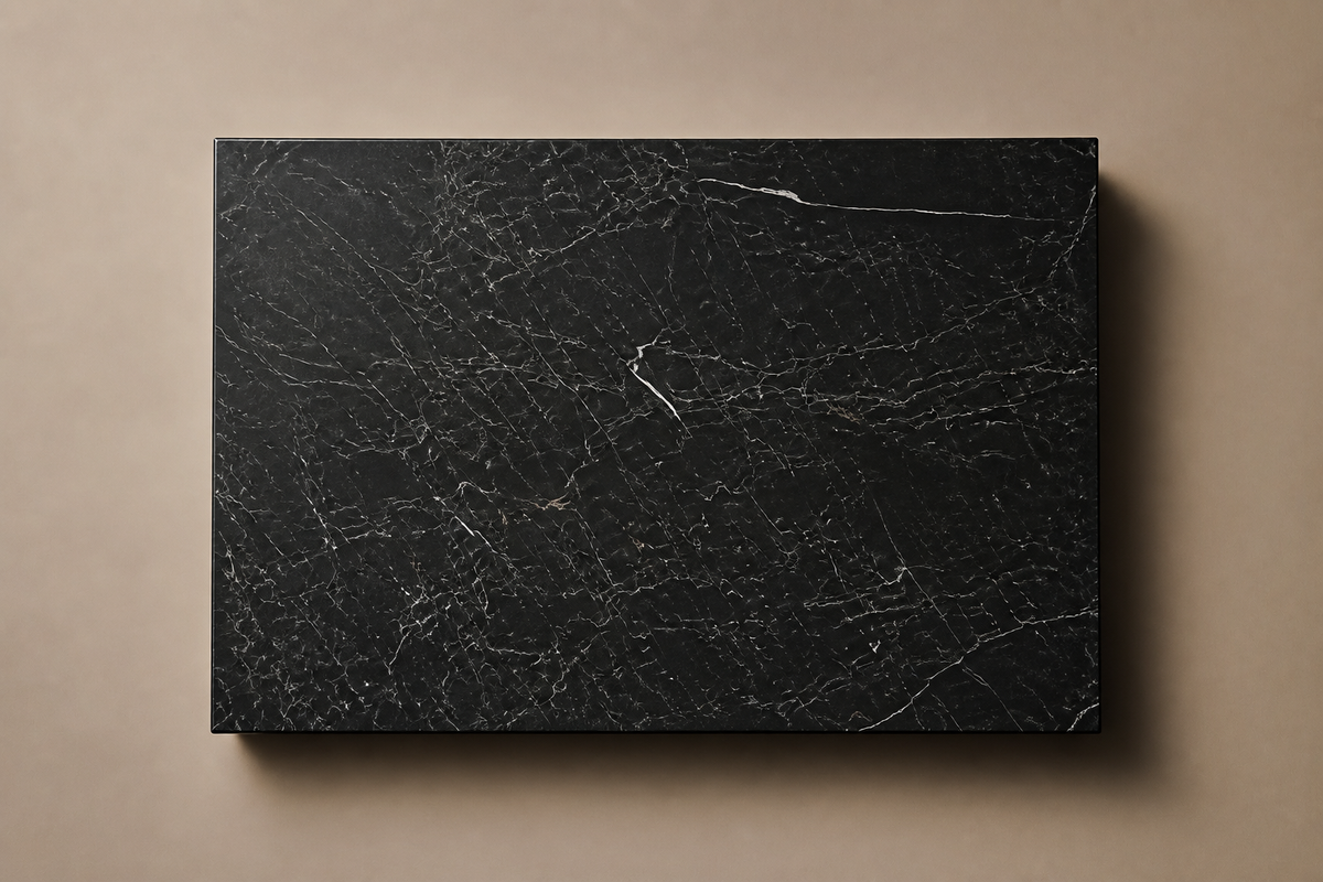 Shadow-Gap Base Low black marble plinth base by 1-OPH, overhead view