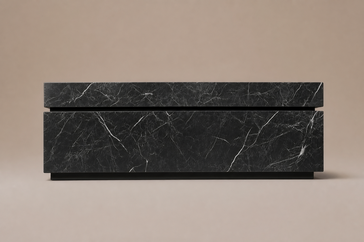 Shadow-Gap Base Split black marble plinth base by 1-OPH, side elevation