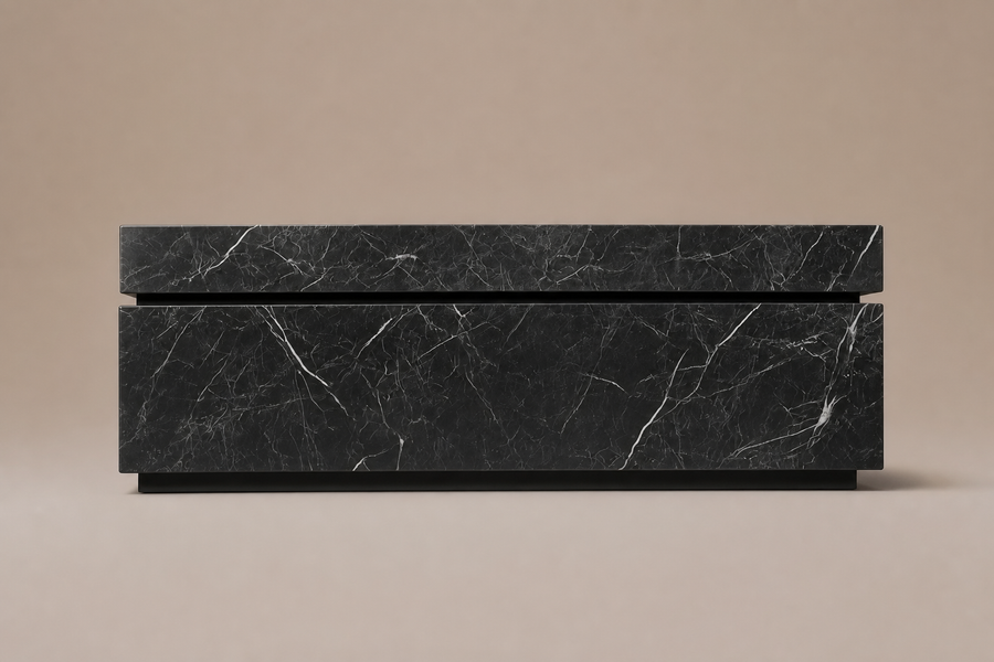 Shadow-Gap Base Split black marble plinth base by 1-OPH, side elevation
