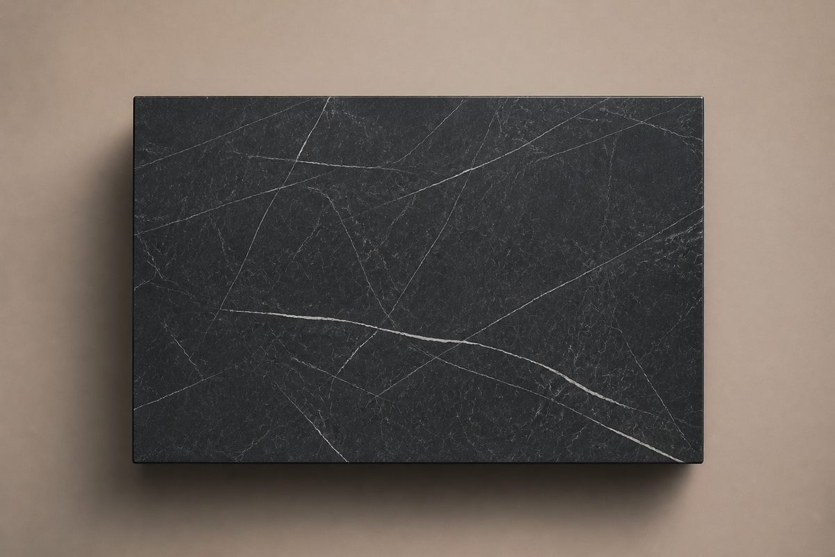 Shadow-Gap Base Split black marble plinth base by 1-OPH, overhead view