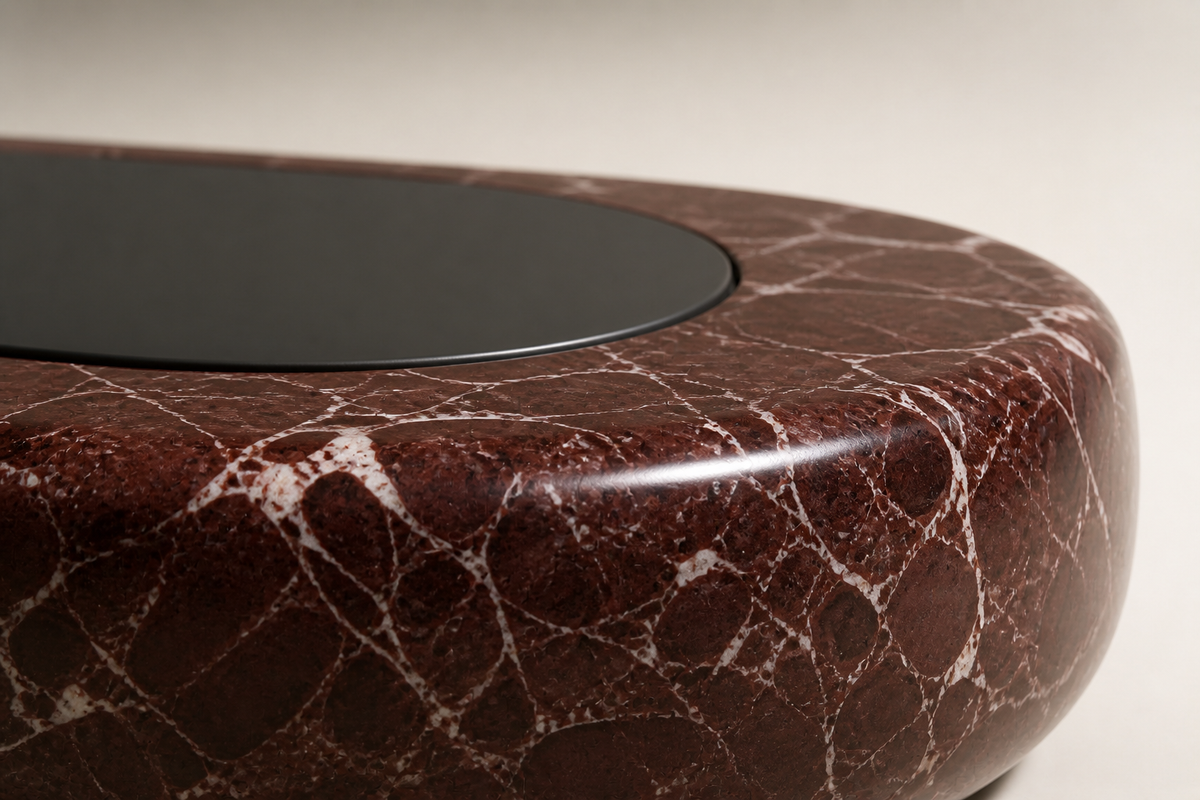Shafaq 180 marble sculptural bench, close studio detail of the surface and material