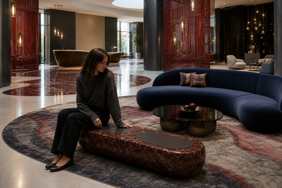 Shafaq 180 marble sculptural bench, shown in a room setting, at full scale