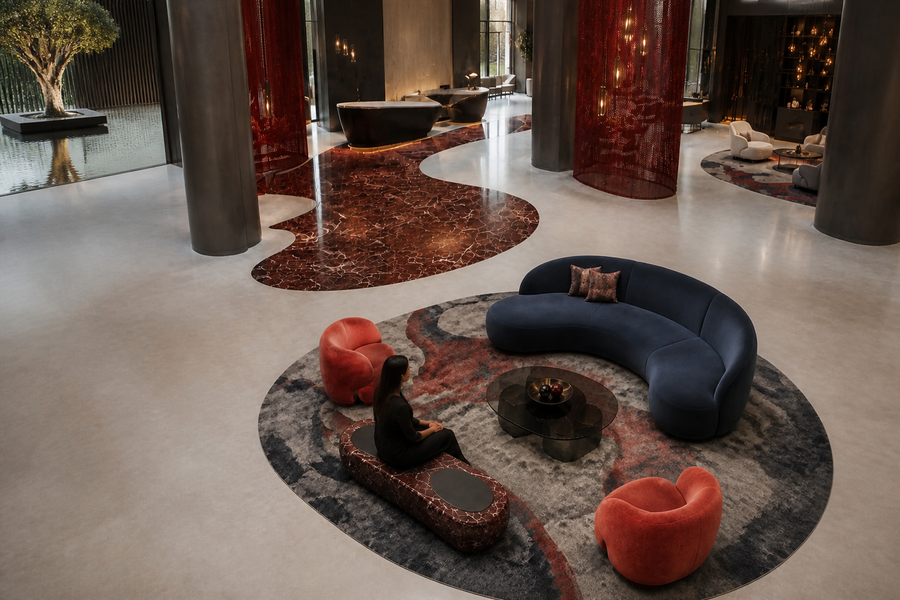 Shafaq 180 marble sculptural bench, overhead view in a room setting