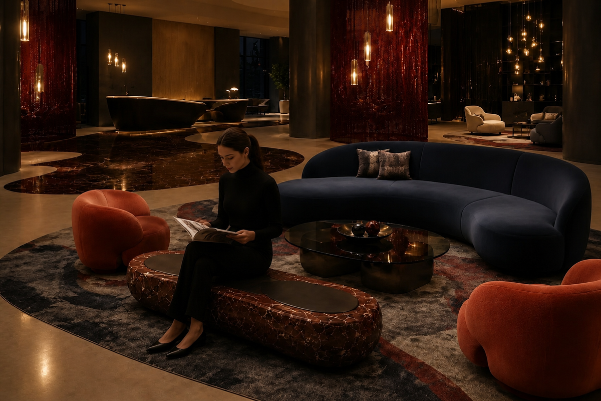 Shafaq 180 marble sculptural bench, in a room setting under evening light