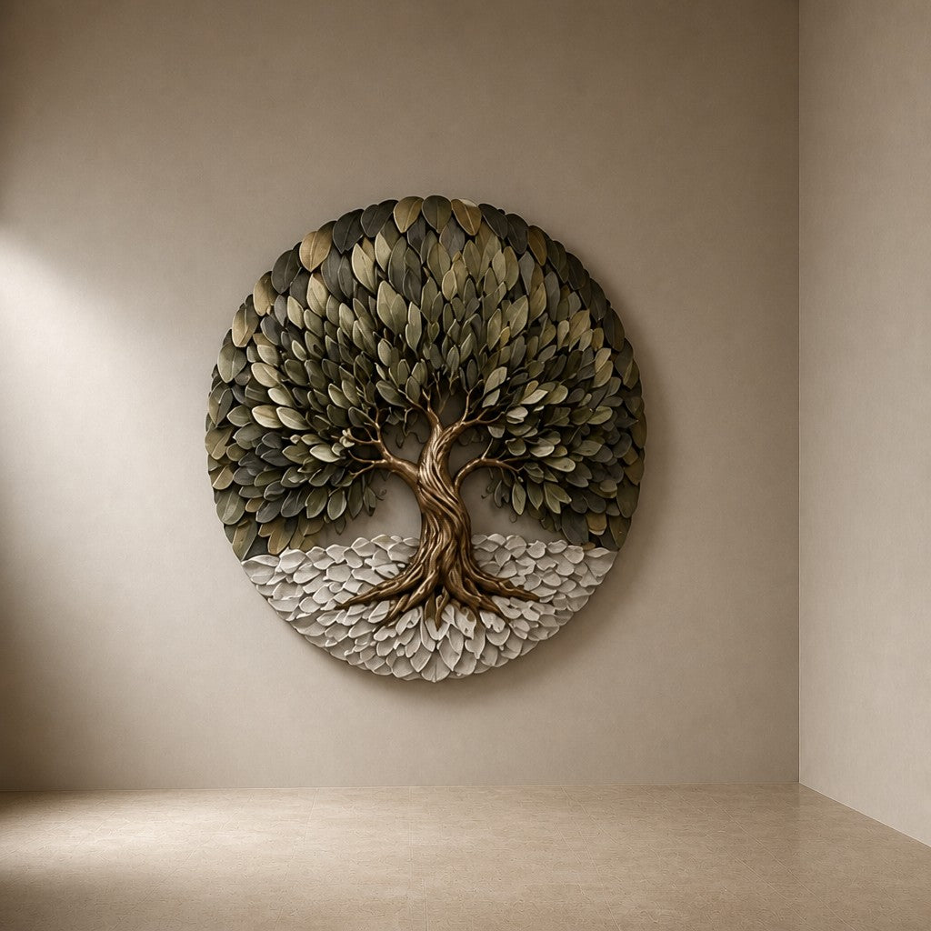 Shajara Ø130 — 130 cm round bronze wall relief of a tree of life, three-quarter studio view showing its profile