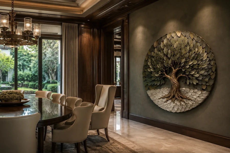 Shajara Ø130 — 130 cm round bronze wall relief of a tree of life, placed in a furnished room