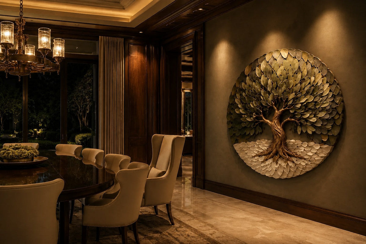 Shajara Ø130 — 130 cm round bronze wall relief of a tree of life, the same room at night, lamps on