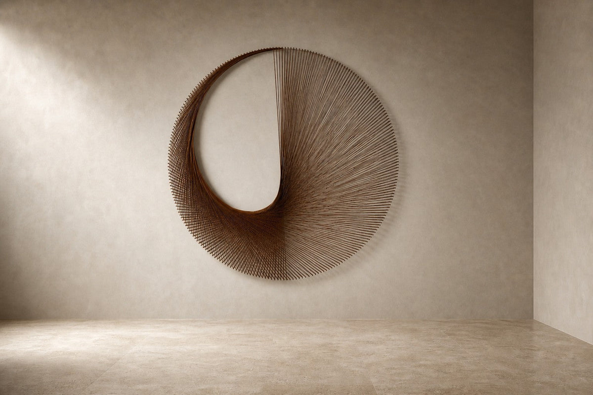 Shams — 120 × 120 cm round copper wire wall sculpture with a crescent opening, studio view of the whole piece