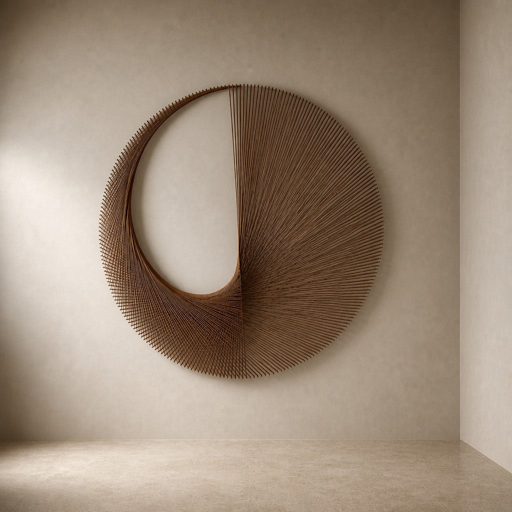 Shams — 120 × 120 cm round copper wire wall sculpture with a crescent opening, three-quarter studio view showing its profile
