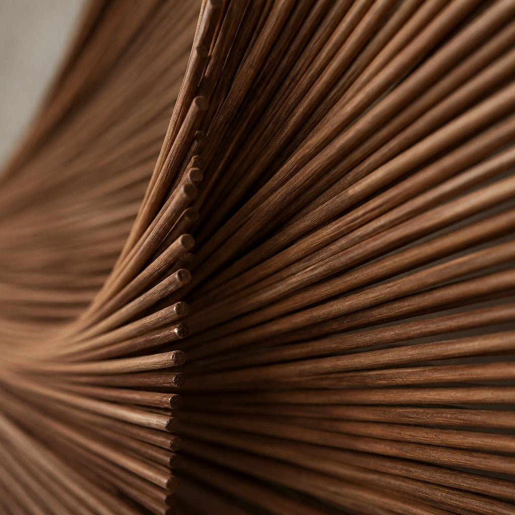 Shams — 120 × 120 cm round copper wire wall sculpture with a crescent opening, close studio detail of the surface and material