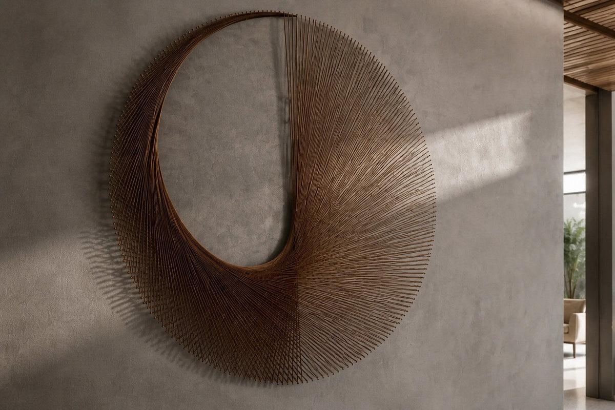 Shams — 120 × 120 cm round copper wire wall sculpture with a crescent opening, close view in the room