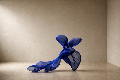 Cobalt blue woven wire sculpture Shaula, a draped form with two raised lobes and a long sweep trailing to the floor.