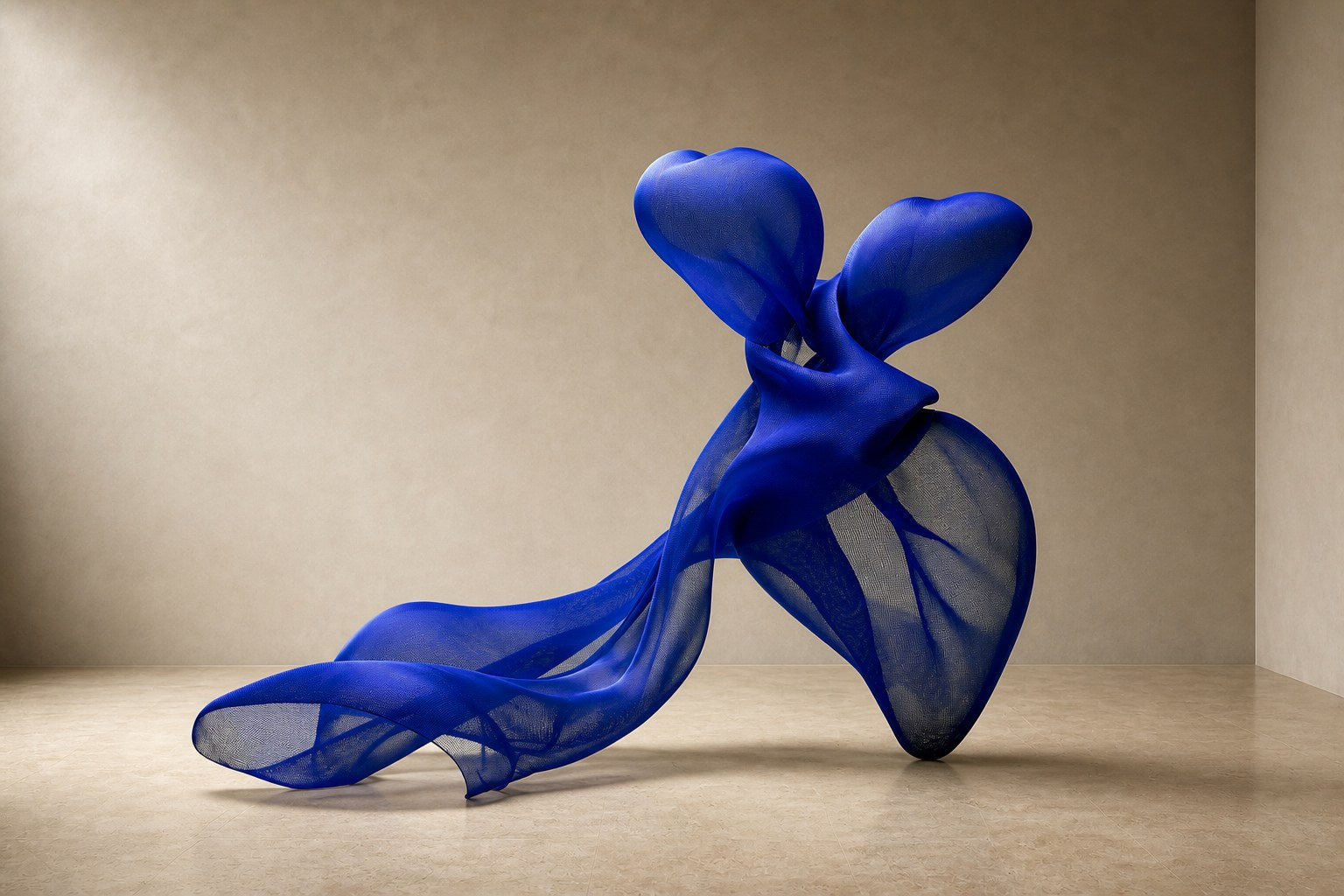 Cobalt blue woven wire sculpture Shaula, a draped form with two raised lobes and a long sweep trailing to the floor.