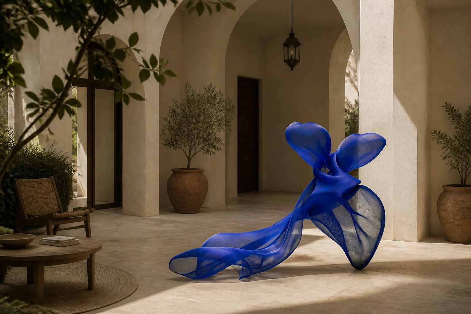 Cobalt blue woven wire sculpture Shaula, a draped form with two raised lobes and a long sweep trailing to the floor.