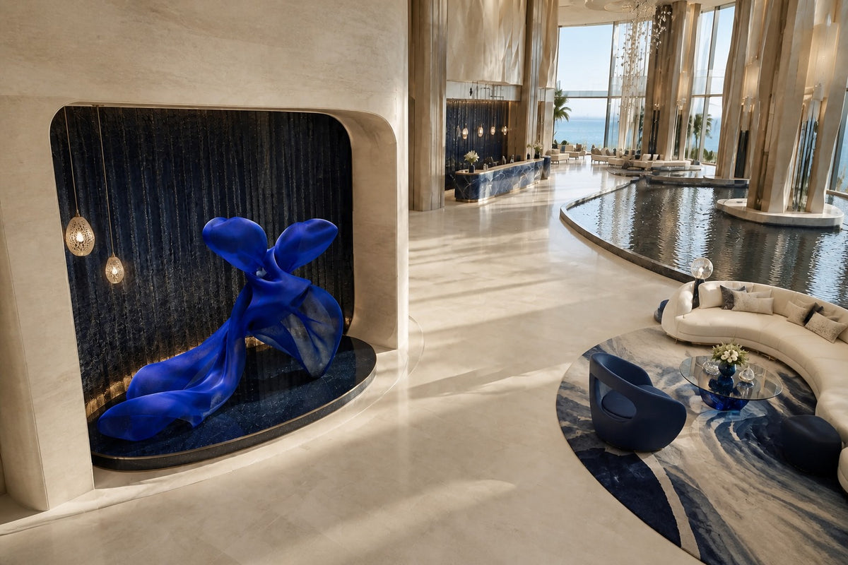 Cobalt blue woven wire sculpture Shaula, a draped form with two raised lobes and a long sweep trailing to the floor.