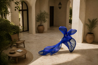 Cobalt blue woven wire sculpture Shaula, a draped form with two raised lobes and a long sweep trailing to the floor.