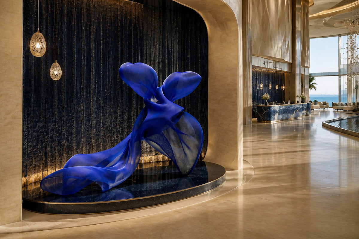Cobalt blue woven wire sculpture Shaula, a draped form with two raised lobes and a long sweep trailing to the floor.