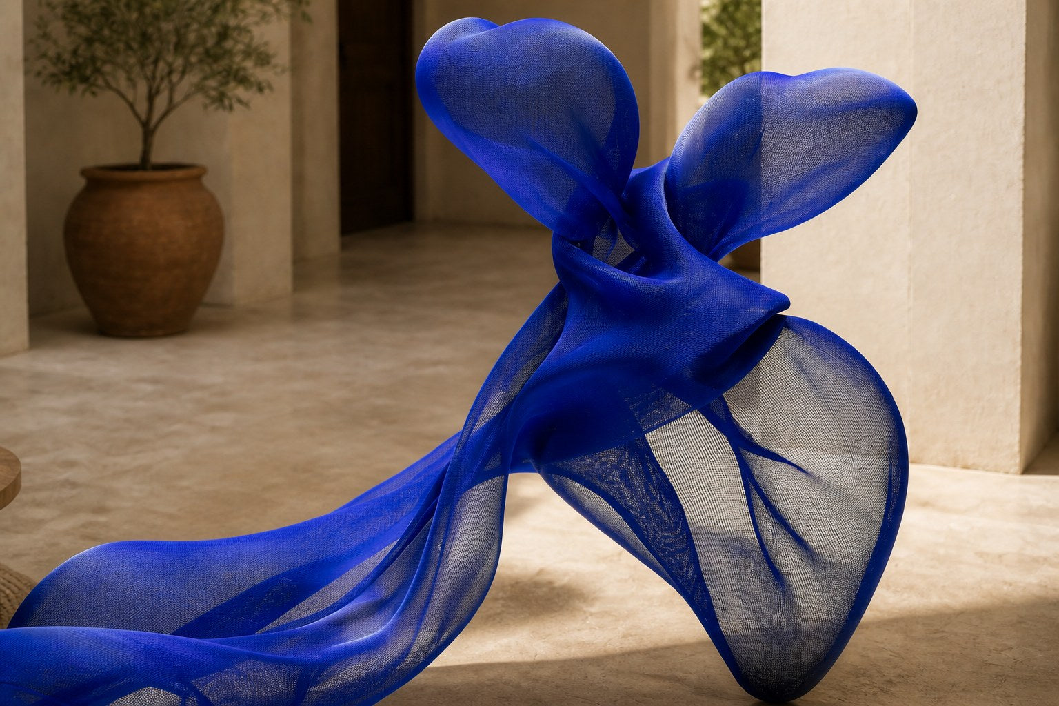 Cobalt blue woven wire sculpture Shaula, a draped form with two raised lobes and a long sweep trailing to the floor.