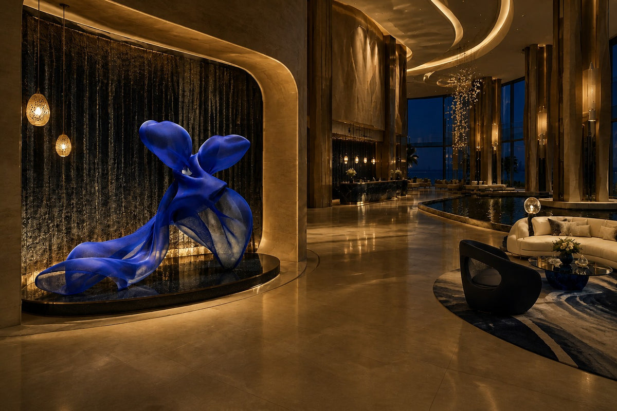 Cobalt blue woven wire sculpture Shaula, a draped form with two raised lobes and a long sweep trailing to the floor.