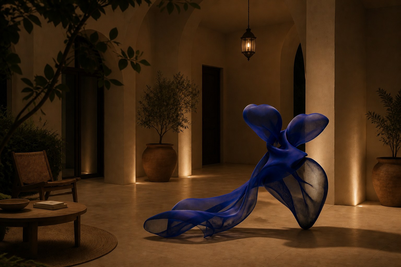 Cobalt blue woven wire sculpture Shaula, a draped form with two raised lobes and a long sweep trailing to the floor.