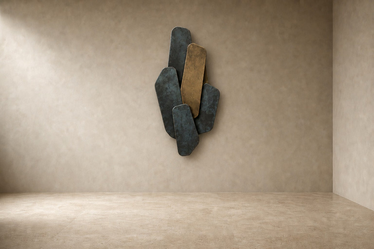 Shazaya 140 — 140 cm wall sculpture of overlapping rounded slabs in blue patinated bronze and brass, studio view of the whole piece
