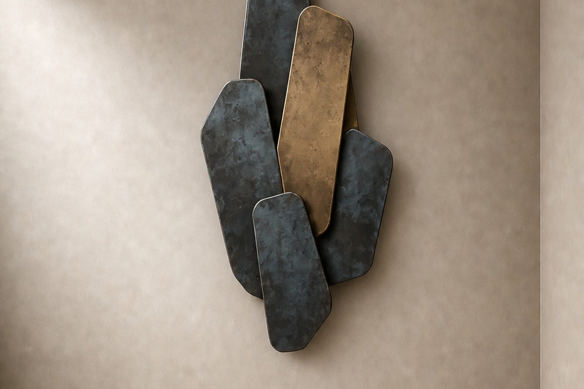 Shazaya 140 — 140 cm wall sculpture of overlapping rounded slabs in blue patinated bronze and brass, three-quarter studio view showing its profile