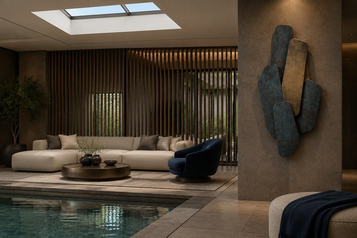 Shazaya 140 — 140 cm wall sculpture of overlapping rounded slabs in blue patinated bronze and brass, placed in a furnished room