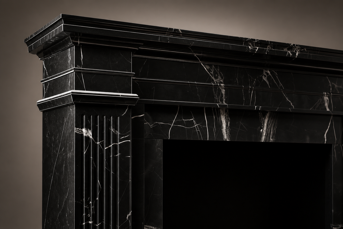 Shibui nero fireplace, close studio detail of the surface and material